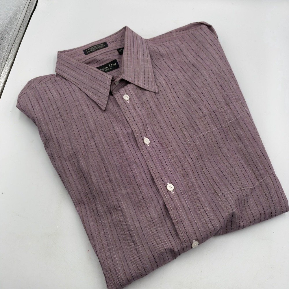 Vtg 80s Christian Dior Monsieur Plum Striped LS Button Up Shirt Size 17 34-35